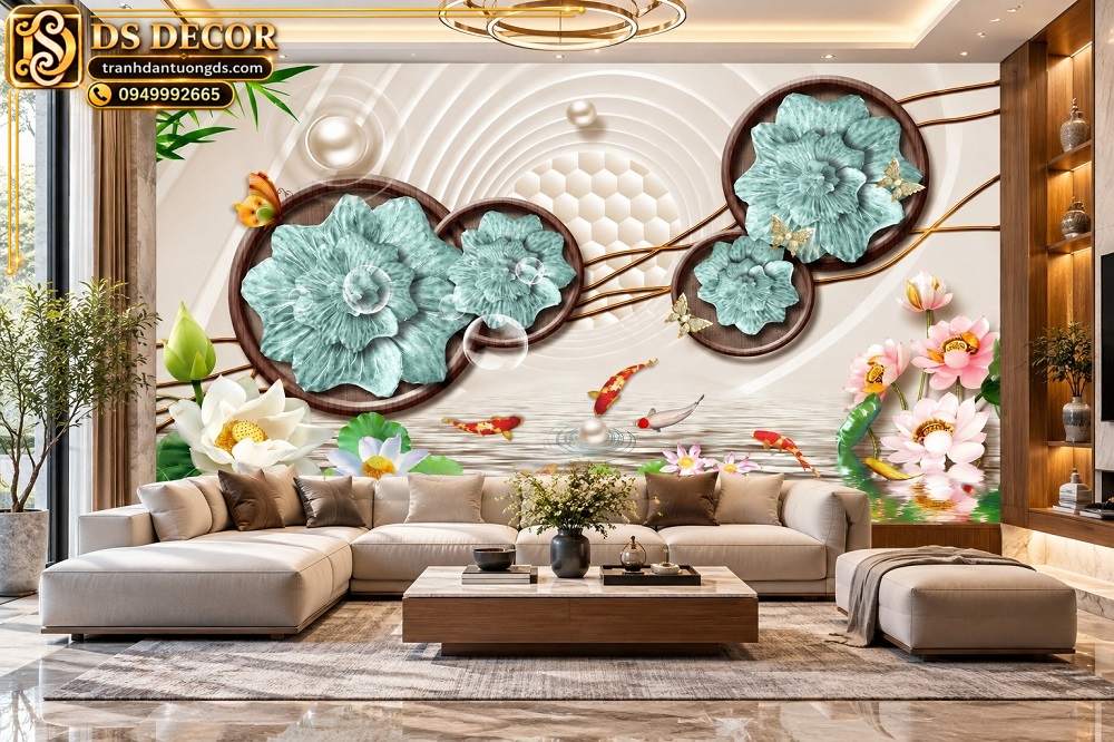 Tranh Dán Tường Cửu Ngư Cá Koi Hoa Sen Phòng Khách Hiện Đại DS831572