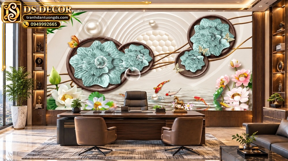 Tranh Dán Tường Cửu Ngư Cá Koi Hoa Sen Văn Phòng DS831572