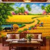 Tranh Dán Tường Đồng Quê Mùa Gặt Lúa Vàng Phòng Khách DS926481
