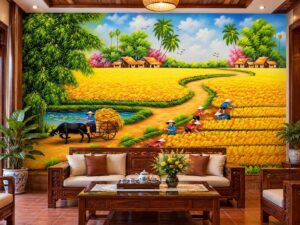 Tranh Dán Tường Đồng Quê Mùa Gặt Lúa Vàng Phòng Khách DS926481