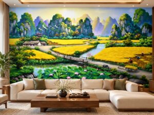 Tranh Dán Tường Đồng Quê Núi Non Lúa Vàng Phòng Khách Đại Sơn DS583126