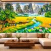 Tranh Dán Tường Đồng Quê Ruộng Lúa Vàng Hồ Sen Phòng Khách DS684271
