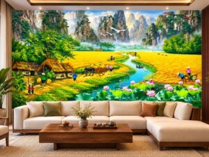 Tranh Dán Tường Đồng Quê Ruộng Lúa Vàng Hồ Sen Phòng Khách DS684271
