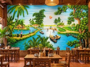 Tranh Dán Tường Đồng Quê Sông Nước Trang Trí Quán Ăn Đẹp DS32217