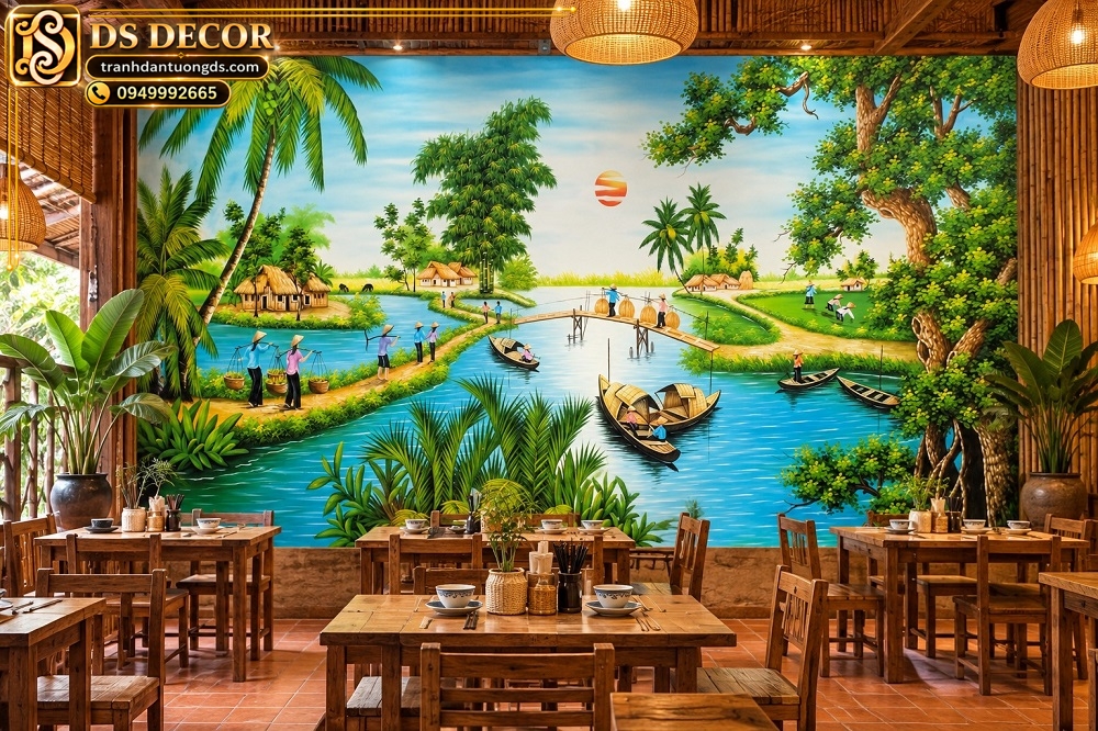 Tranh Dán Tường Đồng Quê Sông Nước Trang Trí Quán Ăn Đẹp DS32217