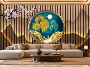 Tranh Dán Tường Lam Sóng Trăng Tròn Hươu Vàng Phòng Khách DS693817