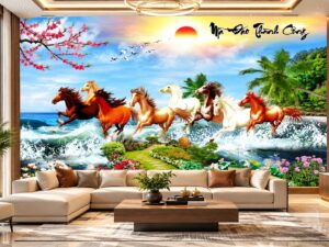 Tranh Dán Tường Mã Đáo Thành Công Bảy Ngựa Phi Nước Đại Phòng Khách DS746291