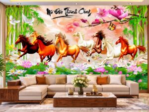 Tranh Dán Tường Mã Đáo Thành Công Hoa Sen Tre Trúc Phòng Khách DS692847