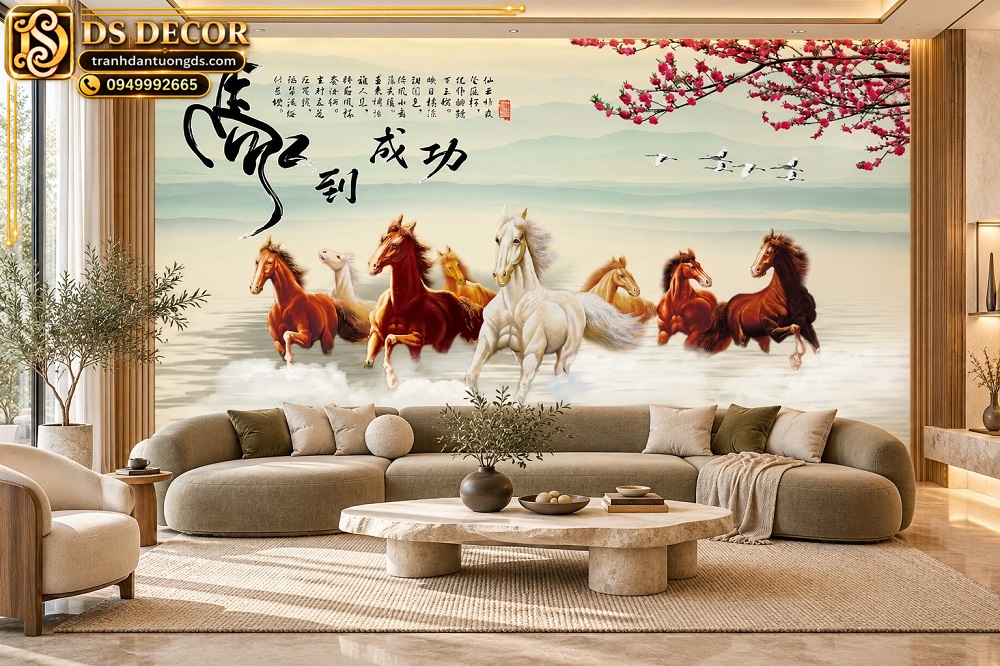 Tranh Dán Tường Mã Đáo Thành Công Sơn Thủy Thư Pháp Phòng Khách DS725914