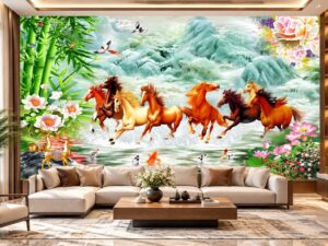 Tranh Dán Tường Mã Đáo Thành Công Trúc Hoa Sen Phòng Khách DS583164