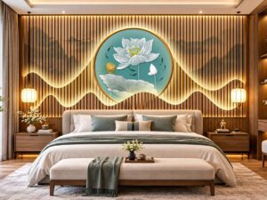 Tranh Dán Tường Phòng Ngủ Lam Sóng Hoa Sen Trắng Xanh Ngọc DS729416