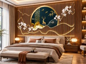 Tranh Dán Tường Phòng Ngủ Lam Sóng Hươu Vàng Hoa Mai DS583726