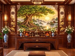 Tranh Dán Tường Phòng Thờ Cây Bồ Đề Cổ Thụ Sơn Thủy Hoa Sen DS847261
