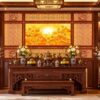 Tranh Dán Tường Phòng Thờ Hoa Sen Vàng Phối Vách Gỗ Trang Nghiêm DS846291