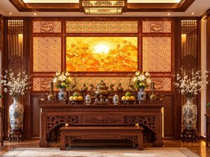 Tranh Dán Tường Phòng Thờ Hoa Sen Vàng Phối Vách Gỗ Trang Nghiêm DS846291