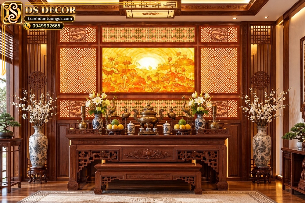 Tranh Dán Tường Phòng Thờ Hoa Sen Vàng Phối Vách Gỗ Trang Nghiêm DS846291