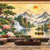 Tranh Dán Tường Sơn Thủy Hữu Tình Hoa Sen Thác Nước Phòng Khách DS473821
