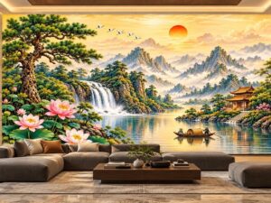 Tranh Dán Tường Sơn Thủy Hữu Tình Hoa Sen Thác Nước Phòng Khách DS473821