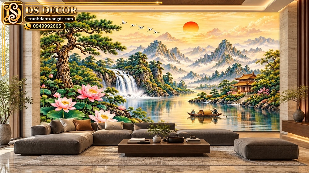 Tranh Dán Tường Sơn Thủy Hữu Tình Hoa Sen Thác Nước Phòng Khách DS473821