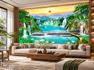 Tranh Dán Tường Sơn Thủy Thác Nước Phòng Khách Đẹp Sang Trọng DS842615