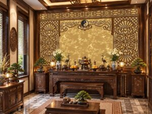 Tranh Phòng Thờ Âm Dương Chim Trên Cành Hoa Văn Cổ Điển DS638205