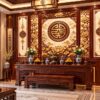 Tranh Phòng Thờ Chữ Thọ Hoa Sen Gỗ Nâu Dát Vàng DS728416