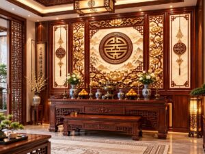 Tranh Phòng Thờ Chữ Thọ Hoa Sen Gỗ Nâu Dát Vàng DS728416