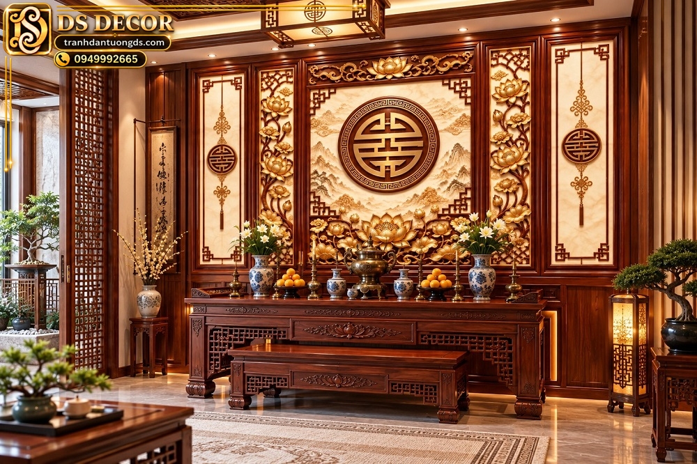 Tranh Phòng Thờ Chữ Thọ Hoa Sen Gỗ Nâu Dát Vàng DS728416