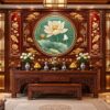 Tranh Phòng Thờ Hoa Sen Trắng Nền Gỗ Chạm Khắc Vàng DS682417