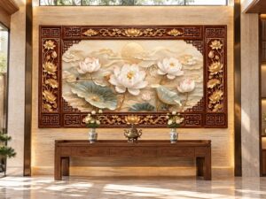 Tranh Phòng Thờ Hoa Sen Trắng Sơn Thủy Khung Giả Gỗ DS746281