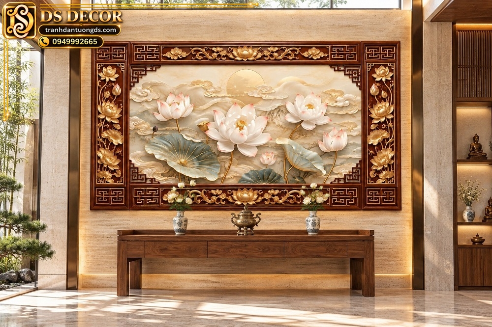 Tranh Phòng Thờ Hoa Sen Trắng Sơn Thủy Khung Giả Gỗ DS746281