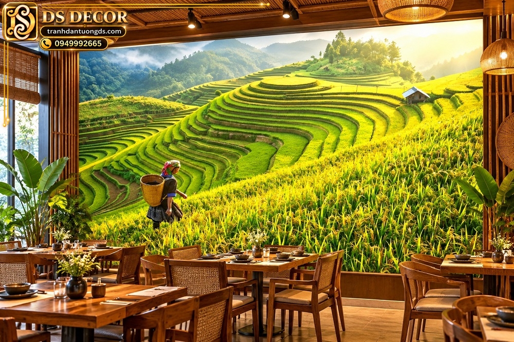 Tranh Ruộng Bậc Thang Mùa Lúa Chín Nhà Hàng Đẹp Ấn Tượng DS684215