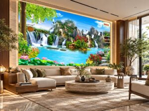 Tranh Sơn Thủy Thác Nước Hồ Xanh Phòng Khách Sang Trọng DS417826